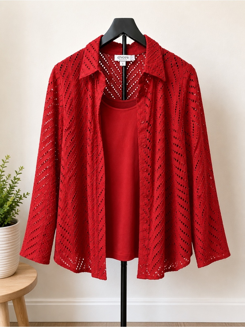 Chico’s 2-piece set featuring a red eyelet lace button-up top